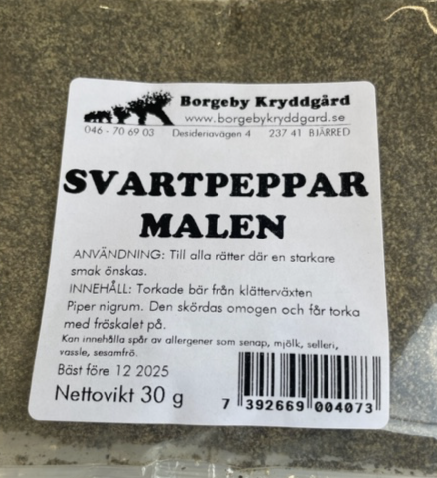 SVARTPEPPAR MALEN (30 G) förpackning med svensk etikett och streckkod.