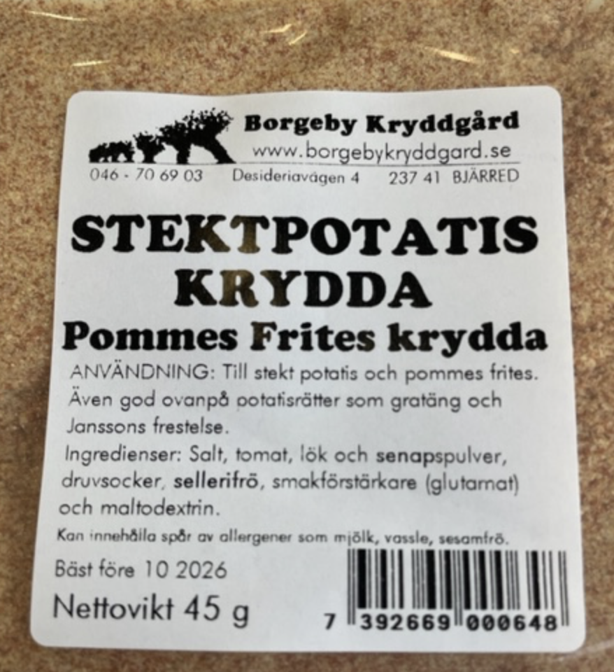 Svensk etikett för POTATISKRYDDA STEKTPOTATIS (45 G) med innehållsförteckning och bruksanvisning.