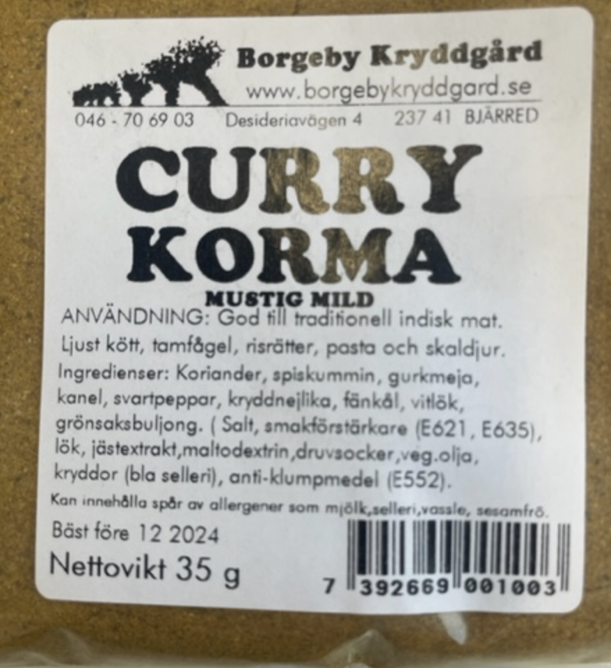CURRY KORMA MILD (35 G) etikett för kryddblandning med ingredienser och användningsinformation.