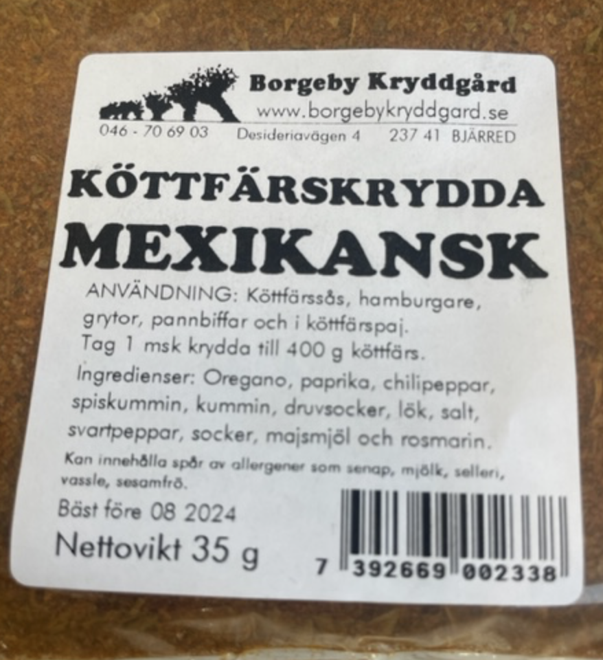 KÖTTFÄRSKRYDDA MEXIKANSK (35g) med innehållsförteckning och bruksanvisning på svenska.