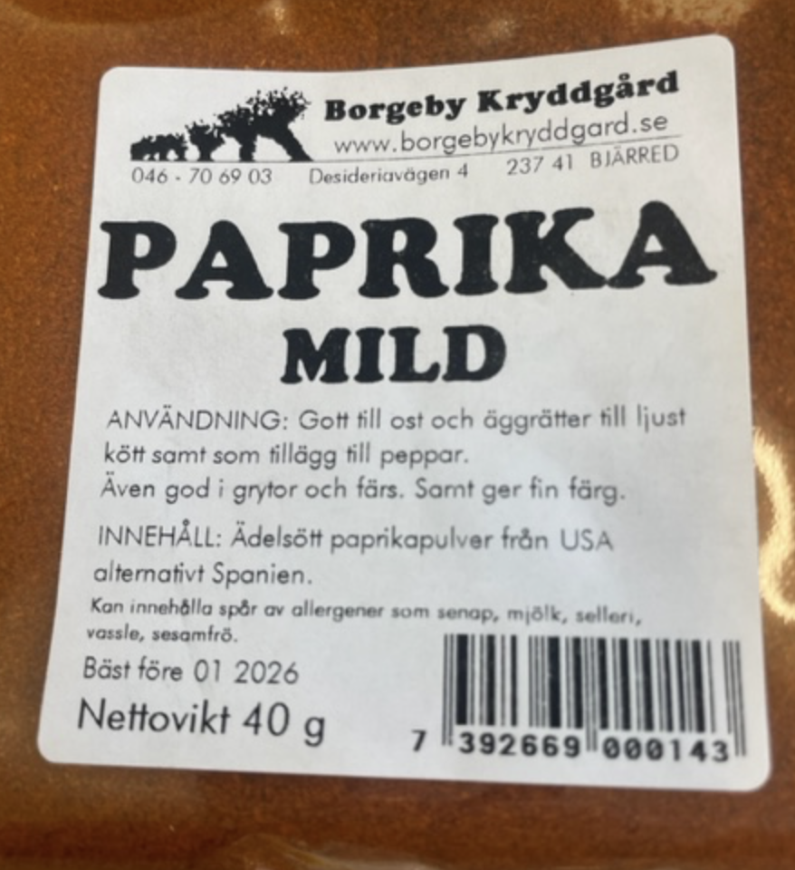 PAPRIKAPULVER MILD (ÄDELSÖT), 40 g, från Borgeby Kryddgård, svensk etikett.