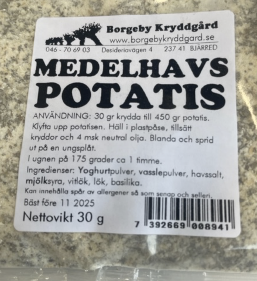 Närbild på en POTATISKRYDDA MEDELHAVS (30 G) -förpackning från Borgeby Kryddgård.