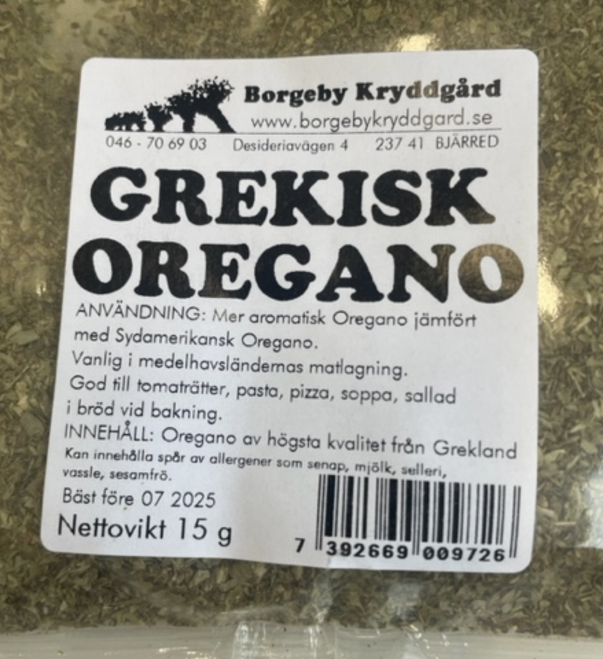 Grekisk oregano 15g - krydda till sallader och såser. Använd efter smak.