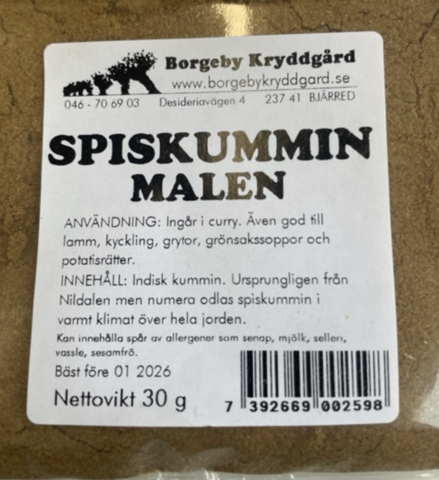 Etikett för SPISKUMMIN MALEN (30g) kryddburk; ingrediens: malen kummin; användning: krydda.