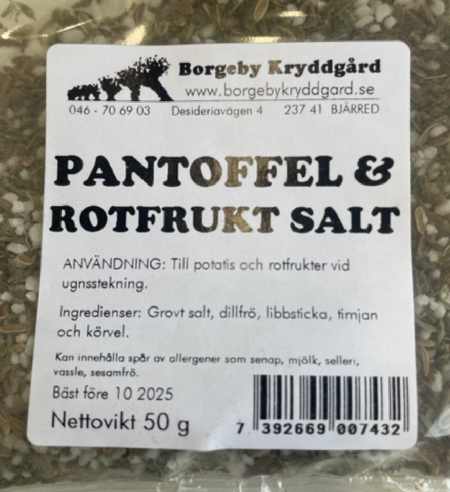 POTATISKRYDDA PANTOFFEL & ROTFRUKT 50g: Svensk kryddblandning med ingredienser och användningsinformation.