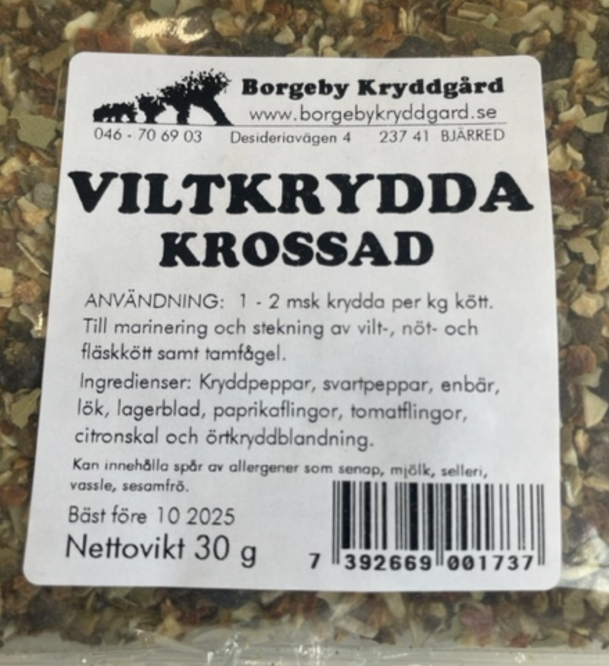 VILTKRYDDA KROSSAD (30 G) etikett med ingredienser och användning på svenska.