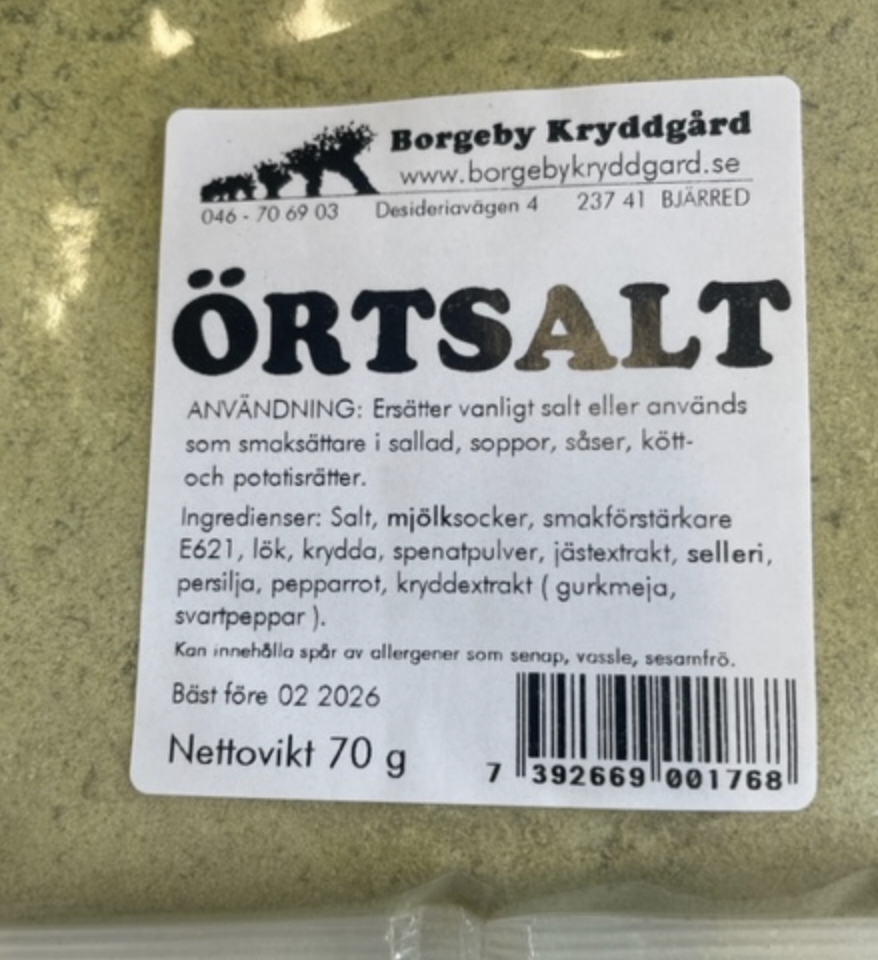 ÖRTSALT (70 G): Örtsalt med svenska ingredienser och bruksanvisning på etiketten.