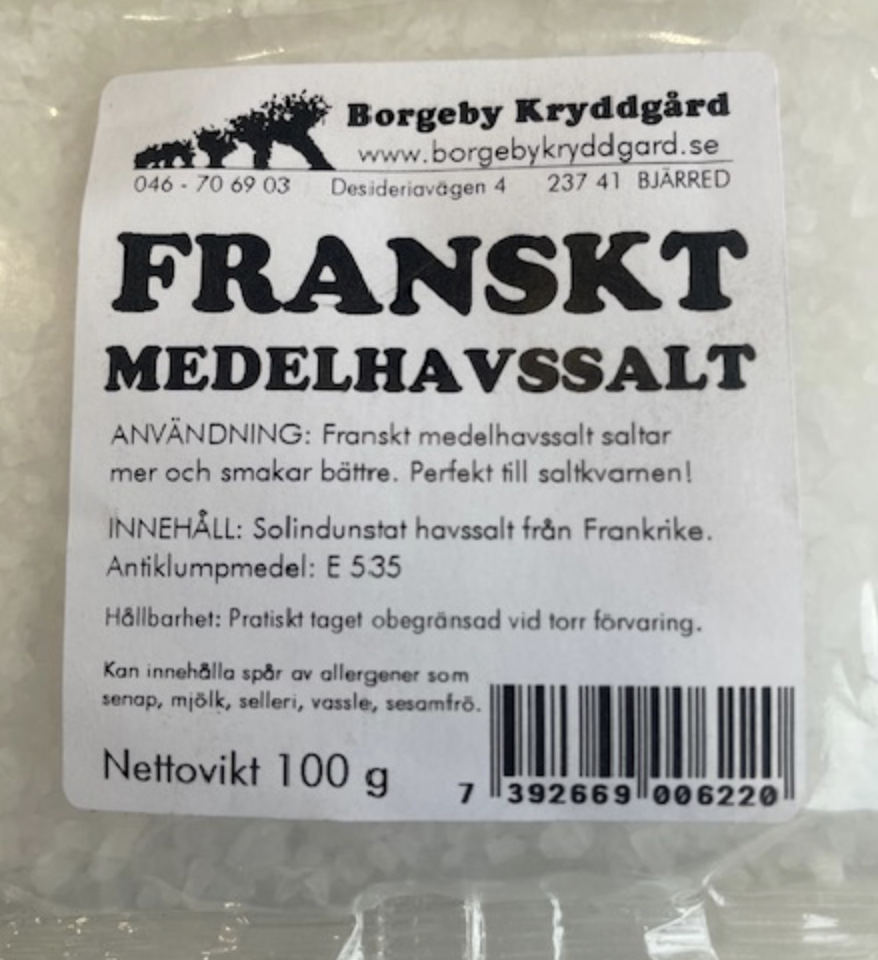 SALT FRANSKT (KVARNSALT) 100 g påse med svensk text och produktinformation på etiketten.