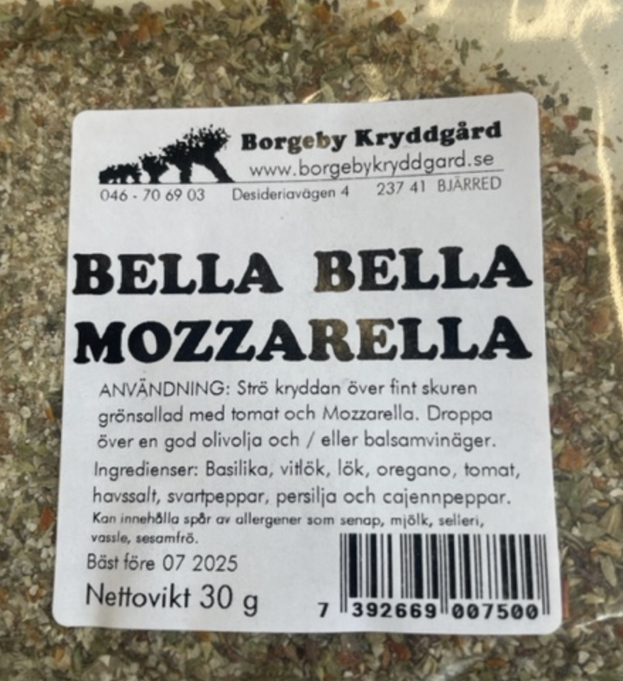 SALLADSKRYDDA BELLA BELLA MOZZARELLA (30 G) kryddblandning med ingredienser och instruktioner.