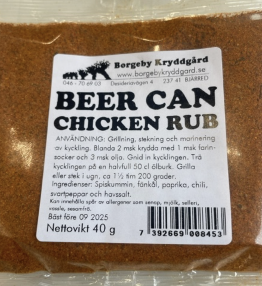 GRILLKRYDDA BEER CAN CHICKEN RUB (40 G) med svensk bruksanvisning.