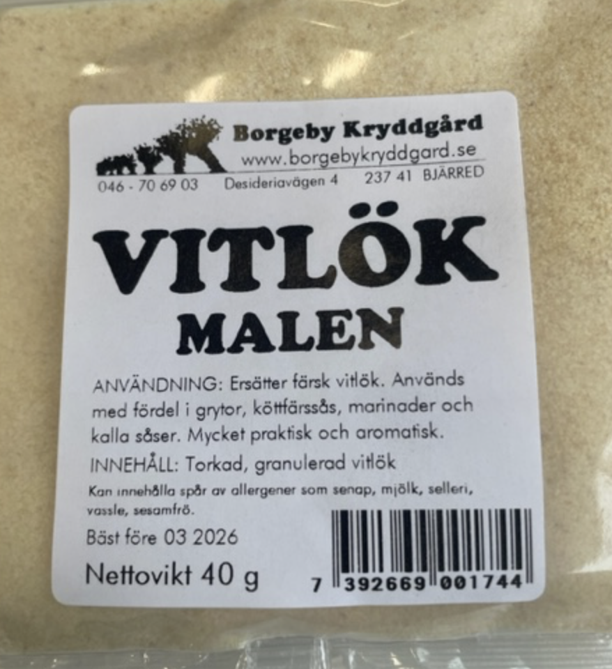 En 40g förpackning VITLÖK MALEN mald vitlök från Borgeby Kryddgård.