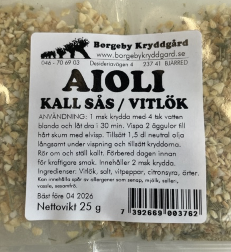 KALL SÅS AIOLI VITLÖK (25 G) med svenska instruktioner och ingredienser på etiketten.