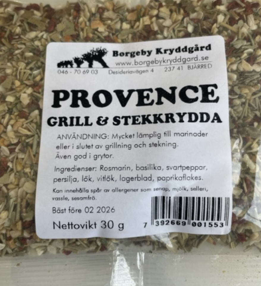 Påse GRILL/STEKKRYDDA PROVENCE (30g) kryddblandning med örter och svensk etikett.