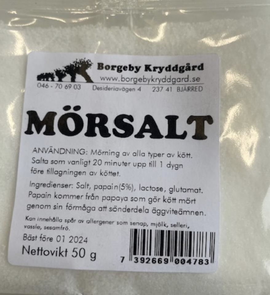 MÖRSALT (50 G) härdningssalt med svenska instruktioner och ingredienser.