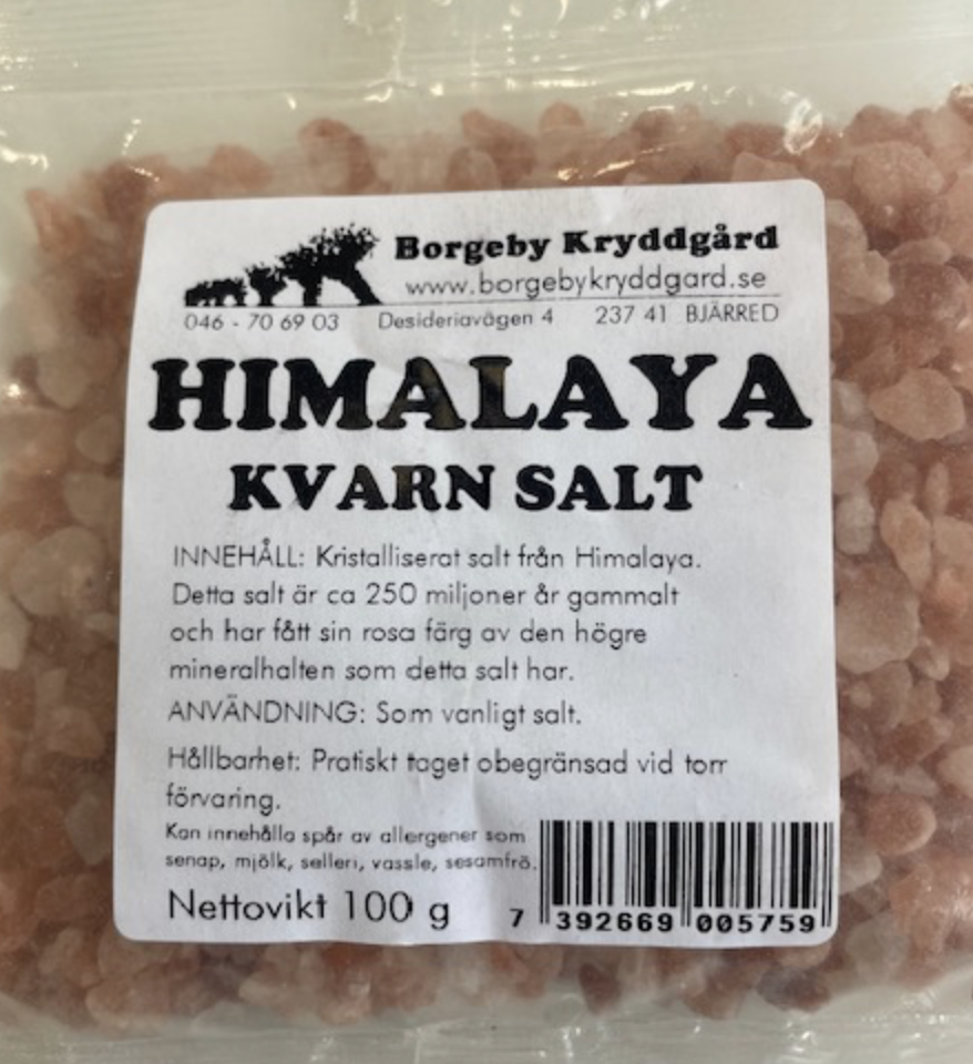 En påse med 100 g SALT HIMALAYA KVARN med produktinformation.