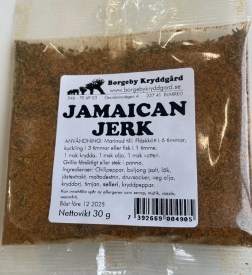 JAMAICAN JERK (30 G) kryddmix med svensk etikett och innehållsförteckning.
