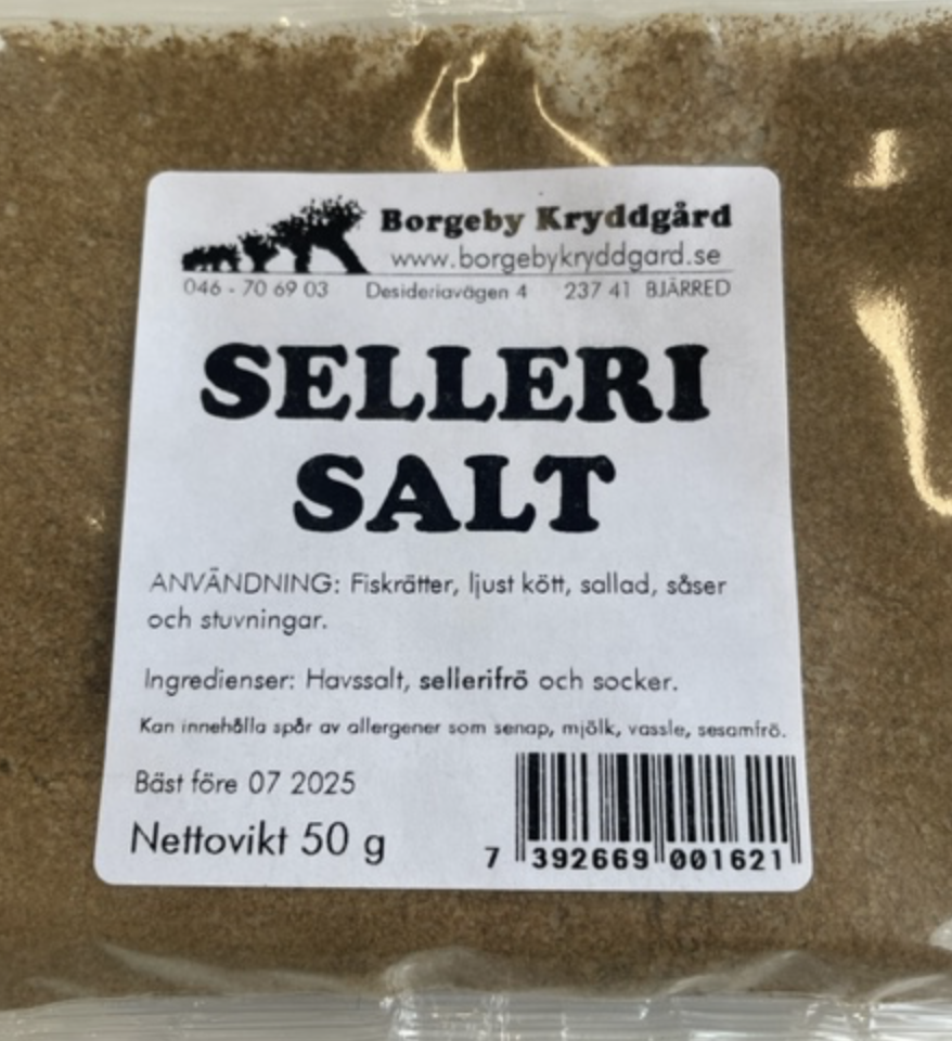 En 50g förpackning med SELLERISALT med svensk text och streckkod.