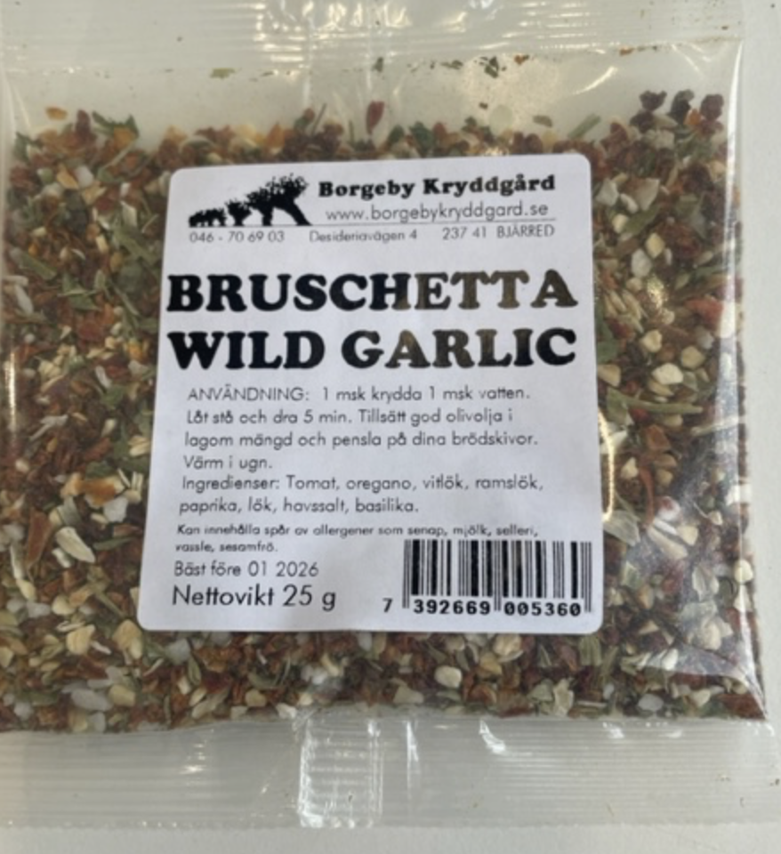 BRUSCHETTA "WILD GARLIC" (25 g) kryddblandning med svenska instruktioner.