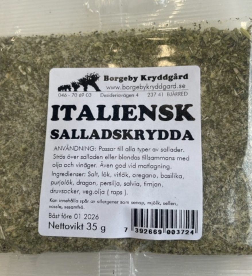 SALLADSKRYDDA ITALIENSK (35G) med innehållsförteckning och bruksanvisning på svenska.