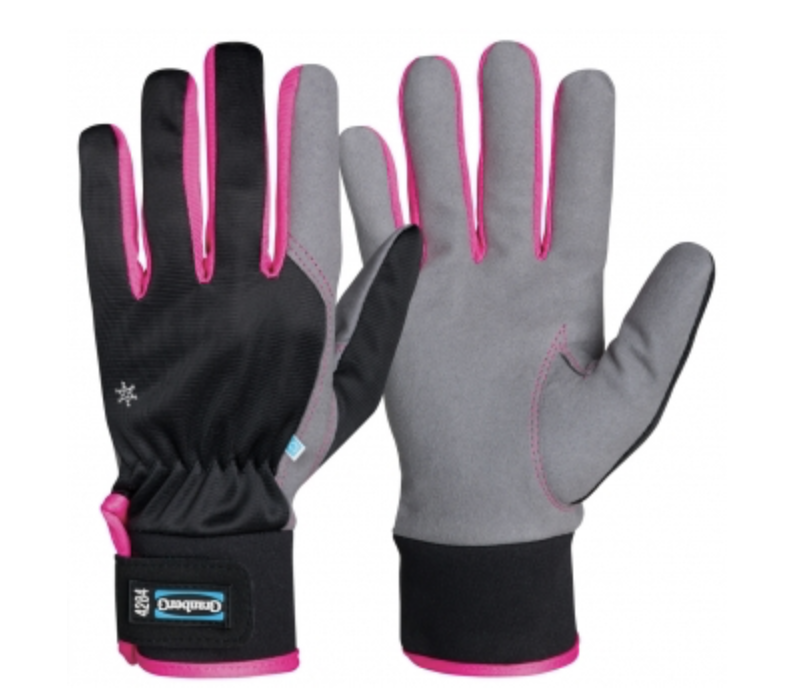 Montagehandskar varmfodrade i grått/svart med rosa kant visas från både handflatan och baksidan.