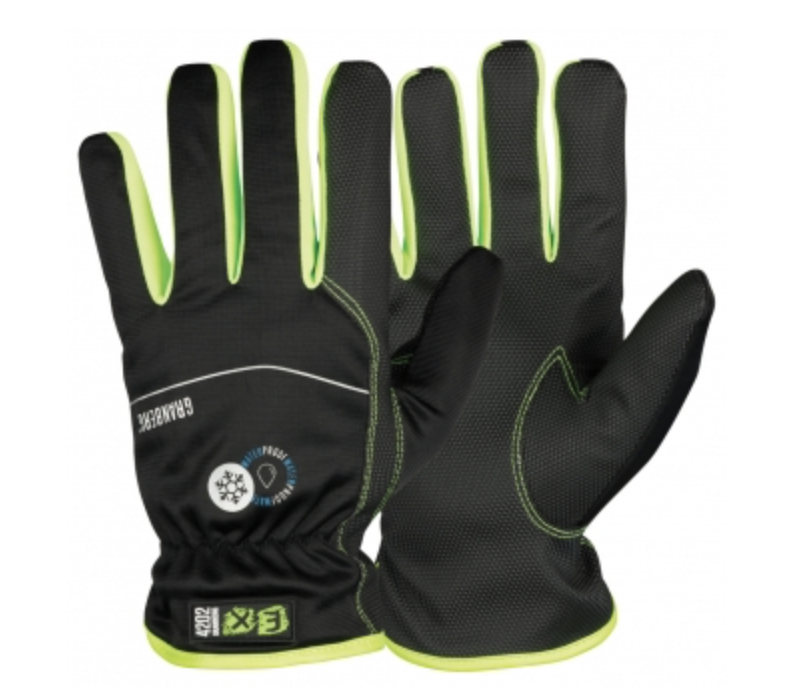 Ett par EX® varmfodrade svart & neongrön touchscreen montagehandskar, handflata upp & ner.