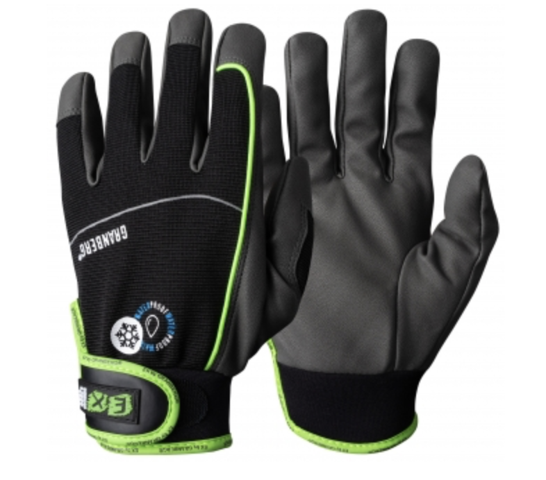 Montagehandskar EX® varmfodrade: svart/grå arbetshandskar med neongrön kant, kardborreband.