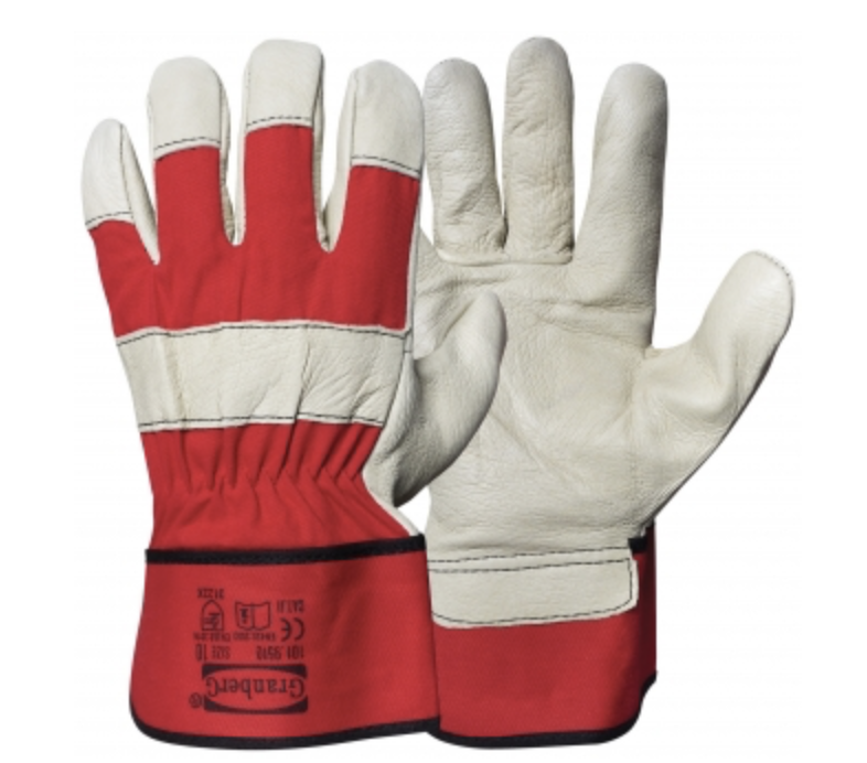Arbetshandskar: Arbetshandskar i rött och vitt läder med förstärkta handflator och fingrar.