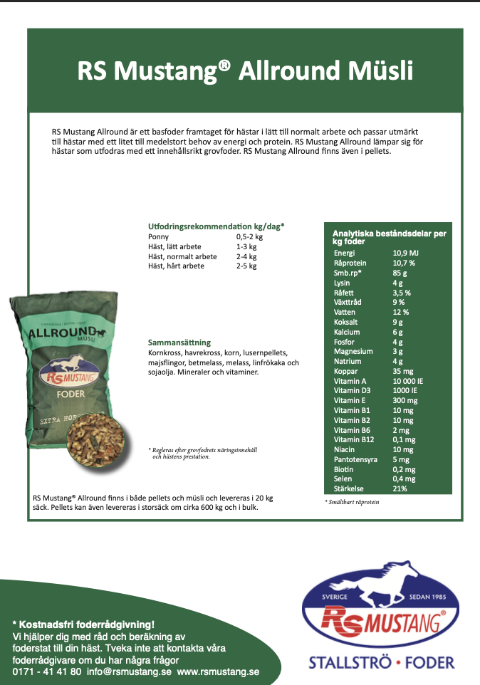 Ett produktinformationsblad för RS Mustang Allround Müsli hästfoder med utfodringsriktlinjer.