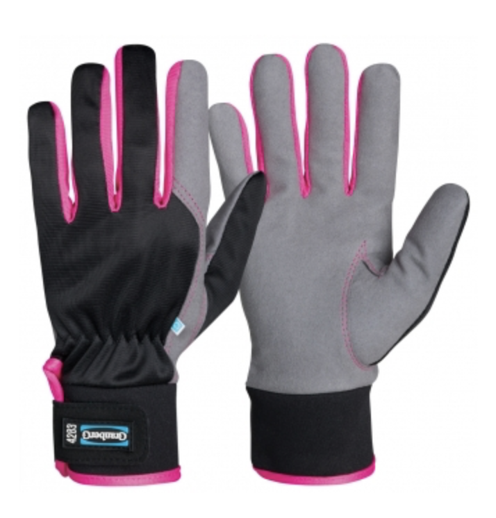 Montagehandskar rosa: grå handskar med svarta handflator och rosa kant, fram- och bakifrån.