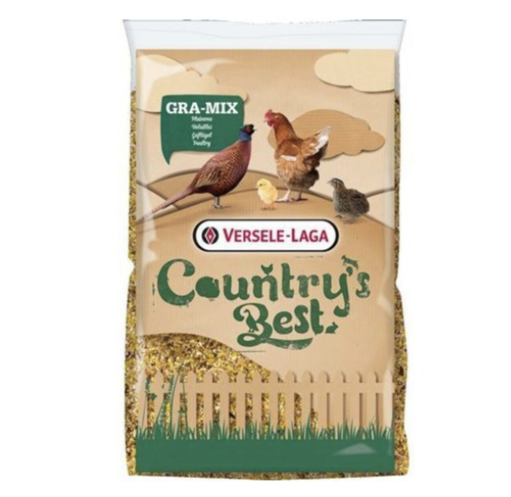 Påse med Gramix + grit 20 kg fjäderfäfoder med fåglar illustrerade på framsidan.