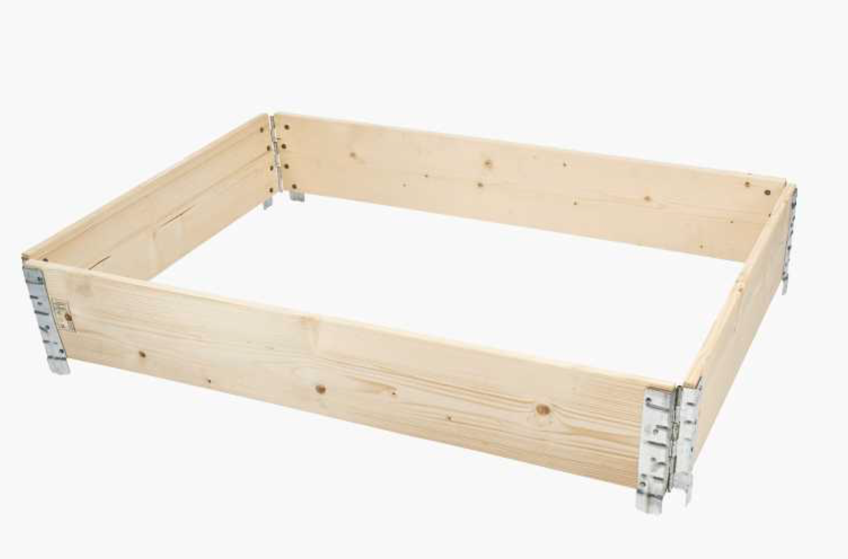 Pallkrage 120*80*19,5 natur rektangulär trädgårdsbäddsram i trä med hörnfästen i metall.