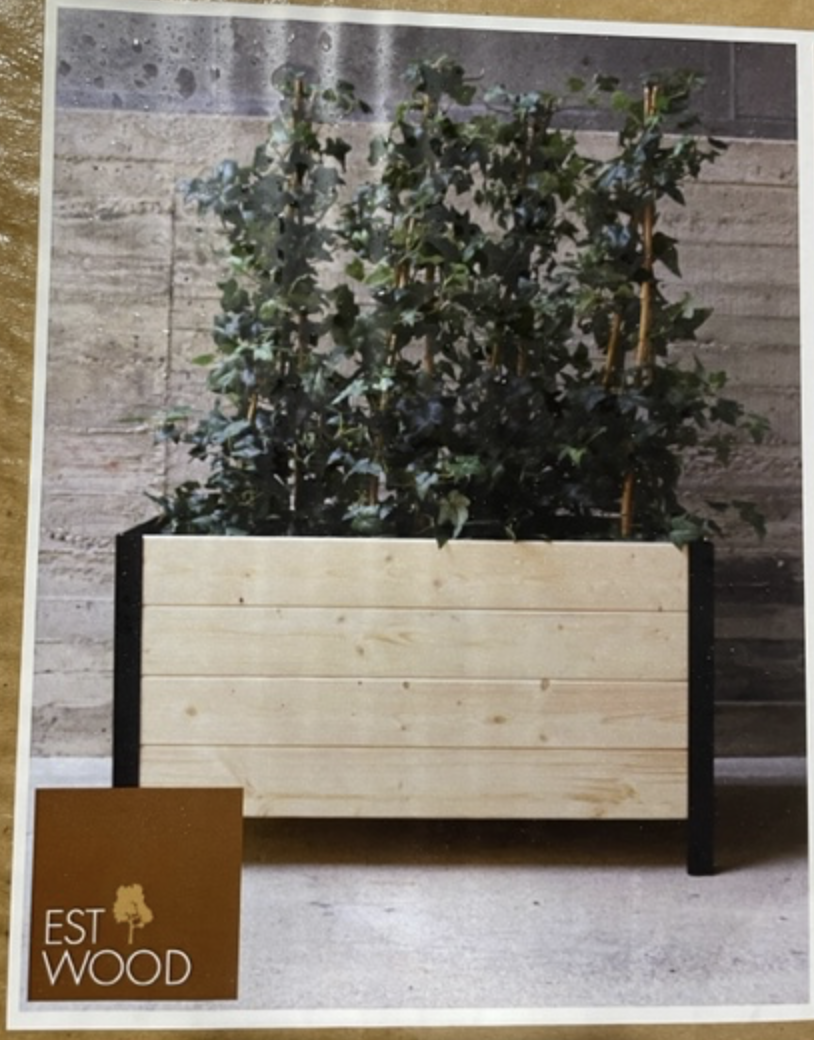 Modernbox L78 H48 rektangulär planteringskärl i trä med gröna bladväxter vid en betongvägg.