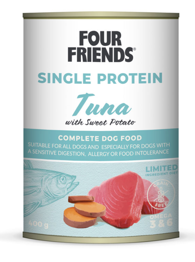 Single Protein Tuna & SP 400 g hundmatsburk med bilder av tonfisk och sötpotatisskivor.