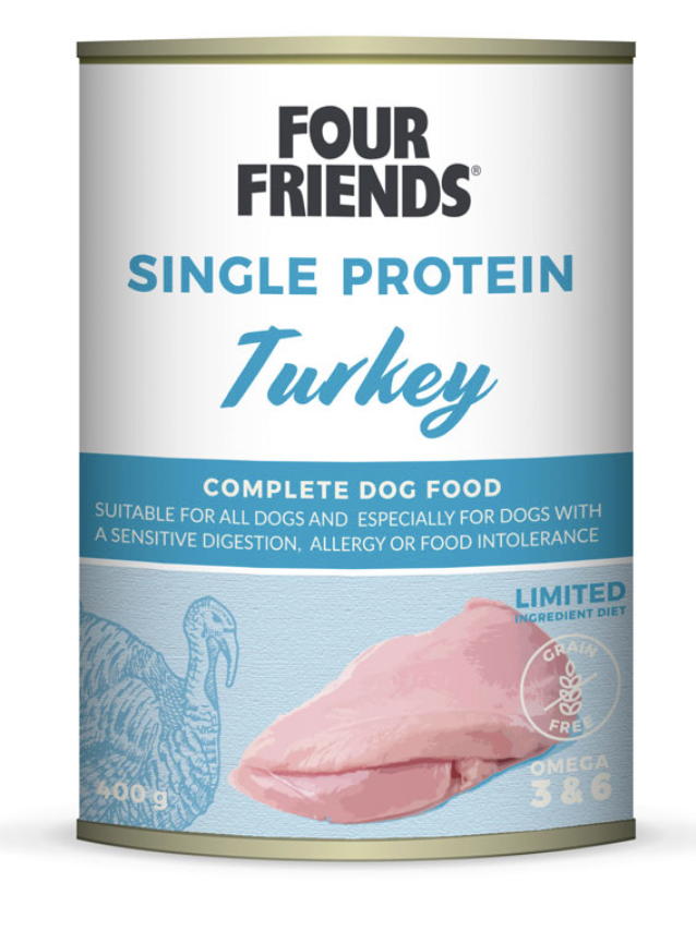 En 400 g burk Four Friends Single Protein Turkey hundfoder med en kalkonillustration.