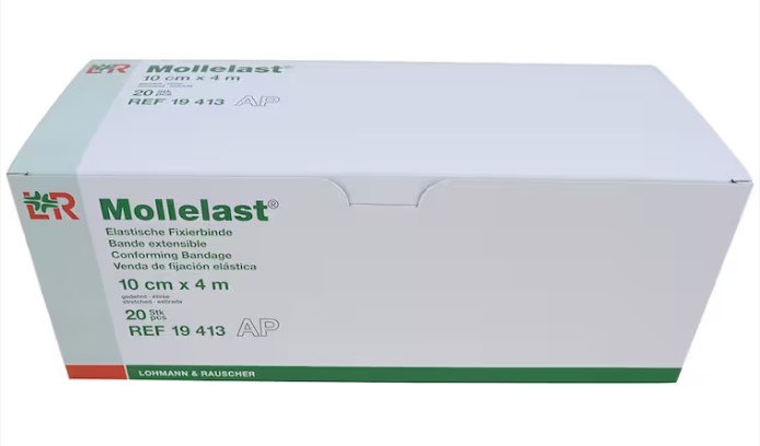 Elastisk gasbinda 20-pack, 10 cm x 4 m, i vit och grön förpackning.