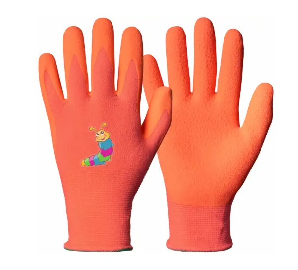Lek- och arbetshandskar för barn i orange med en söt tecknad larv på ena handen.