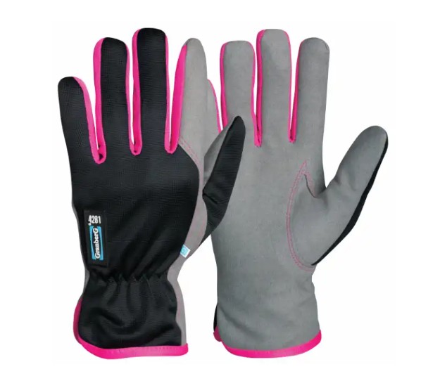 Montagehandskar Rosa: svarta och grå handskar med rosa kant, visas fram och bak.