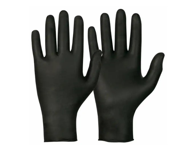 Två Engångshandskar i nitril, svarta, med handflatan uppåt, sida vid sida mot en vit bakgrund.