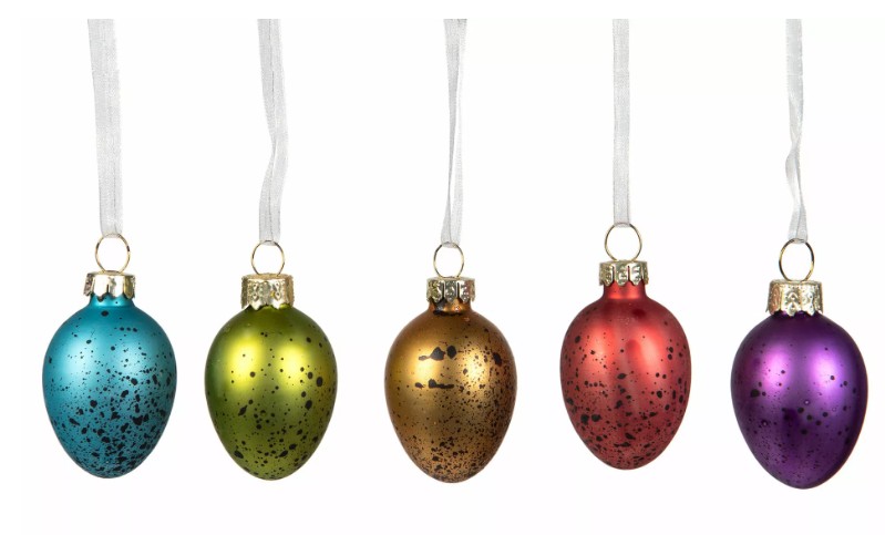 Ägg Glas Häng Färg Mix 10P: Färgglada spräckliga ornament på vita band, set om 10 st.