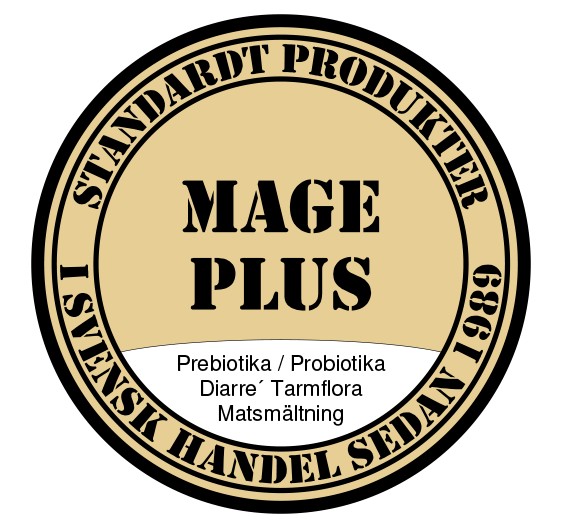 Rund etikett med texten "Standardt Mage Plus 150g" och svensk text om matsmältning och tarmhälsa.