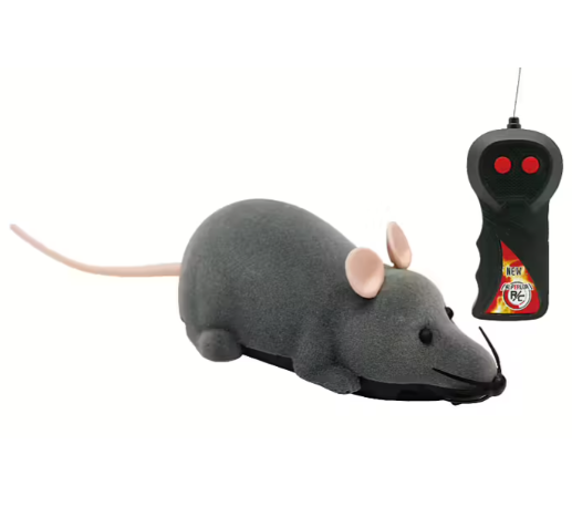 Radiostyrd råtta med lång svans bredvid en svart fjärrkontroll med två röda knappar.