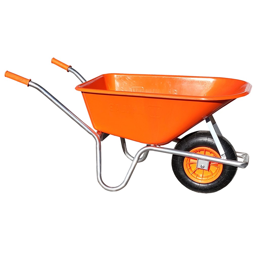 SKOTTKÄRRA 100L PLAST ORANGE: skottkärra i orange plast med metallhandtag och ett svart hjul.