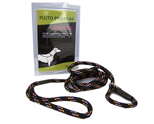 Pluto Premium Slip Lead Black 180 cm visas bredvid förpackningen med en hundillustration.