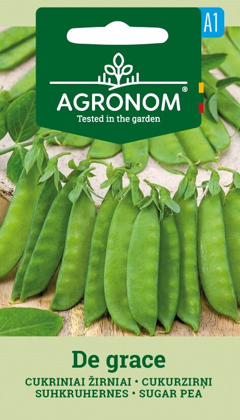 Sockeräty De Grace sockerärtskidor på trä med ett grönt Agronom-fröpaket ovanför.