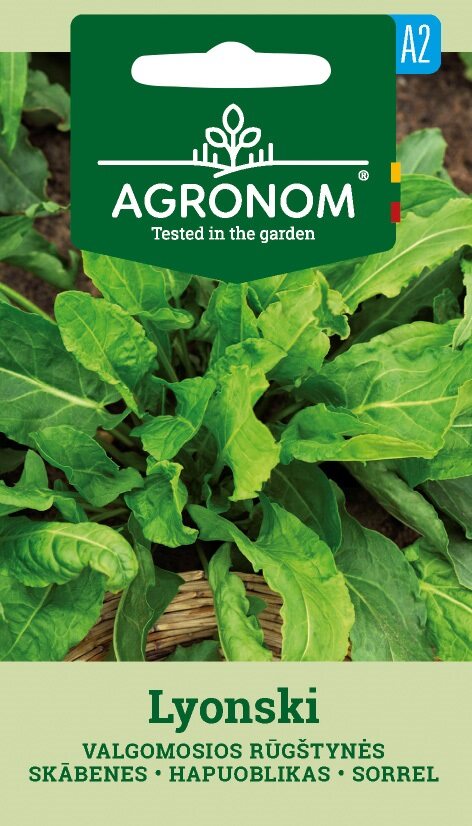 Förpackning med Sorrel, Lyonski-frön med gröna blad och flerspråkig text på framsidan.