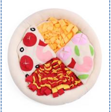 Sniffmatta PIZZA är en rund bädd för husdjur med färgglada pizza-inspirerade tygöverdrag.