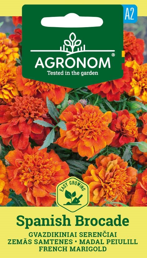 Förpackning med franska Marigold Spanish Brocade-frön med ljusa orange och gula blommor.