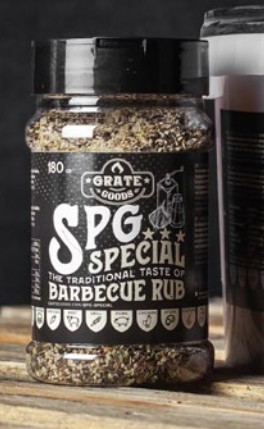 En burk SPG Special 180g barbecue rub på en träyta.