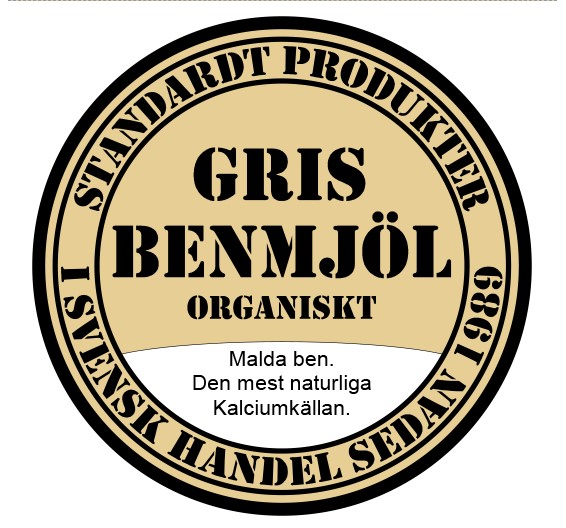 Beige etikett för Standardt Benmjöl 500gr, svensk text marknadsför naturlig kalciumkälla.