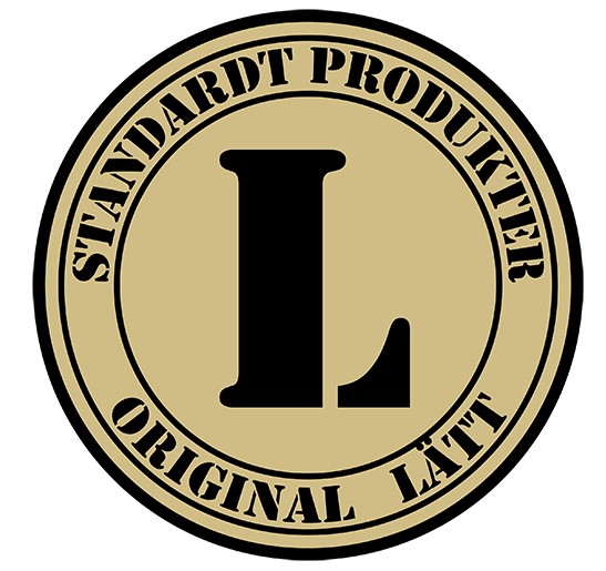 En beige cirkelformad logotyp med Standardt Original LÄTT 13kg och ett stort L i mitten.